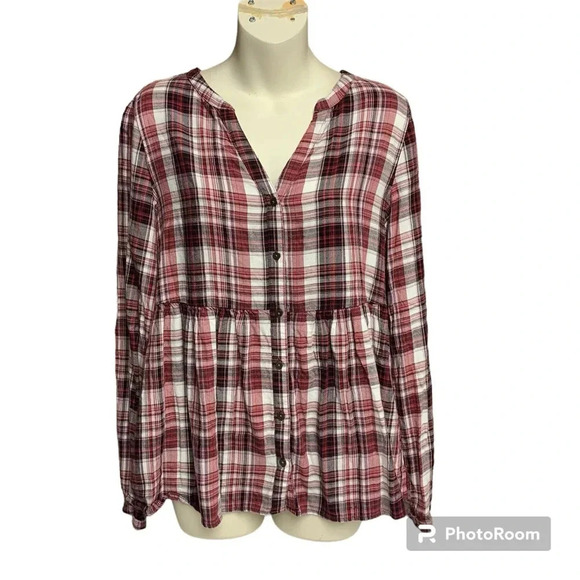 Maurice’s red plaid medium top baby doll style full button - Picture 1 of 9